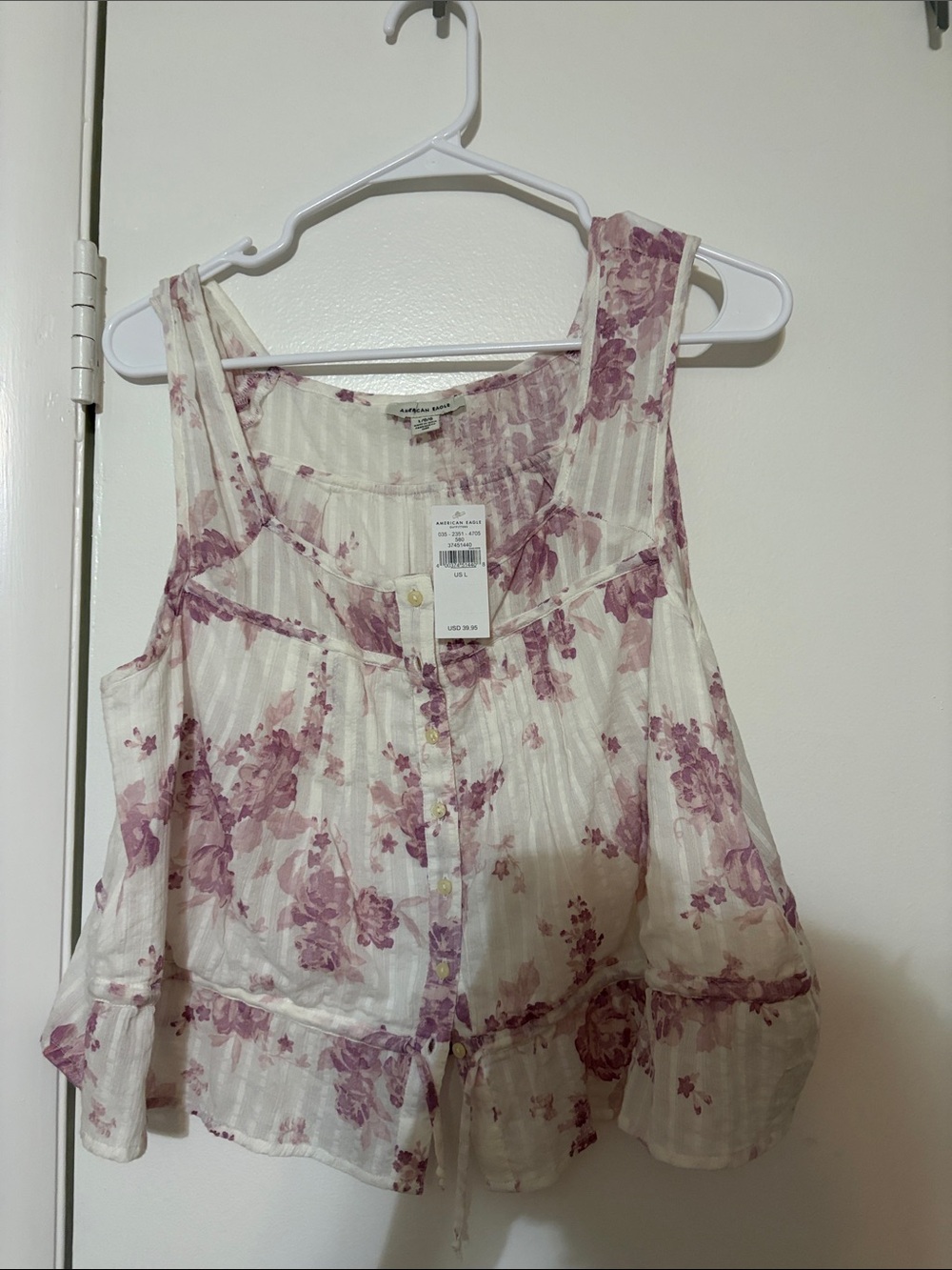 American Eagle Outfitters White & Mauve Floral Ruffle Tank